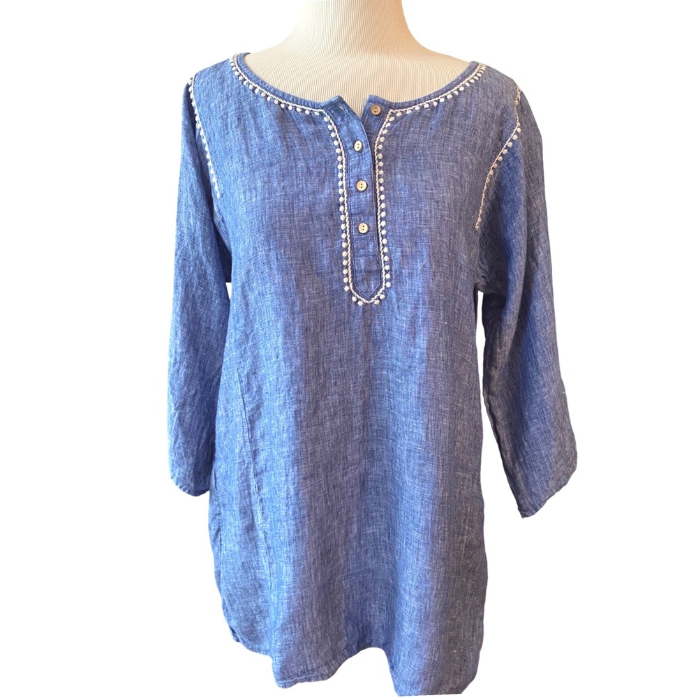 Eddie Bauer Blue Linen Henley Tunic Top Embroidered Trim L cottagecore